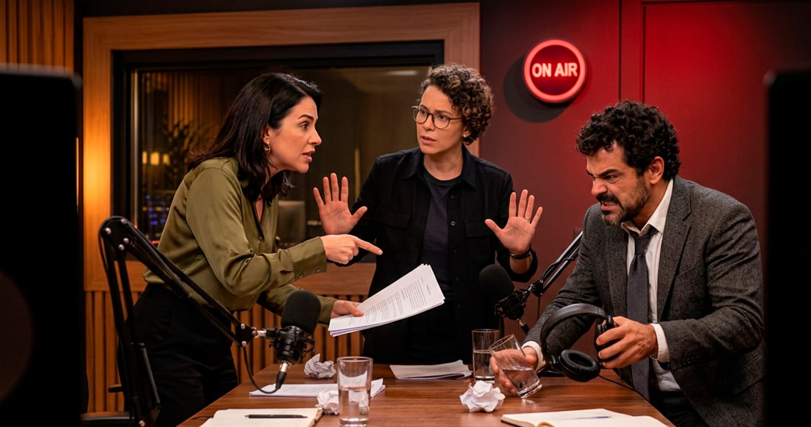 Simulação de media training em um estúdio, com participante diante de um microfone durante um exercício de entrevista